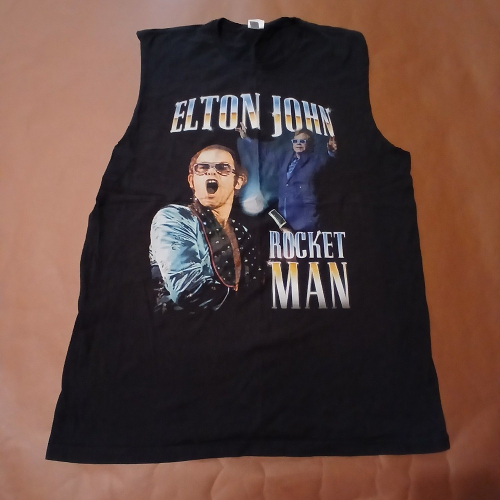 Vintage Elton John Rocket Man T-Shirt Mens Large Sleeveless Black HBT Global